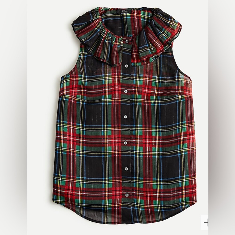 BNWT J. Crew Sleeveless ruffle-collar top in black Stewart tartan - XS